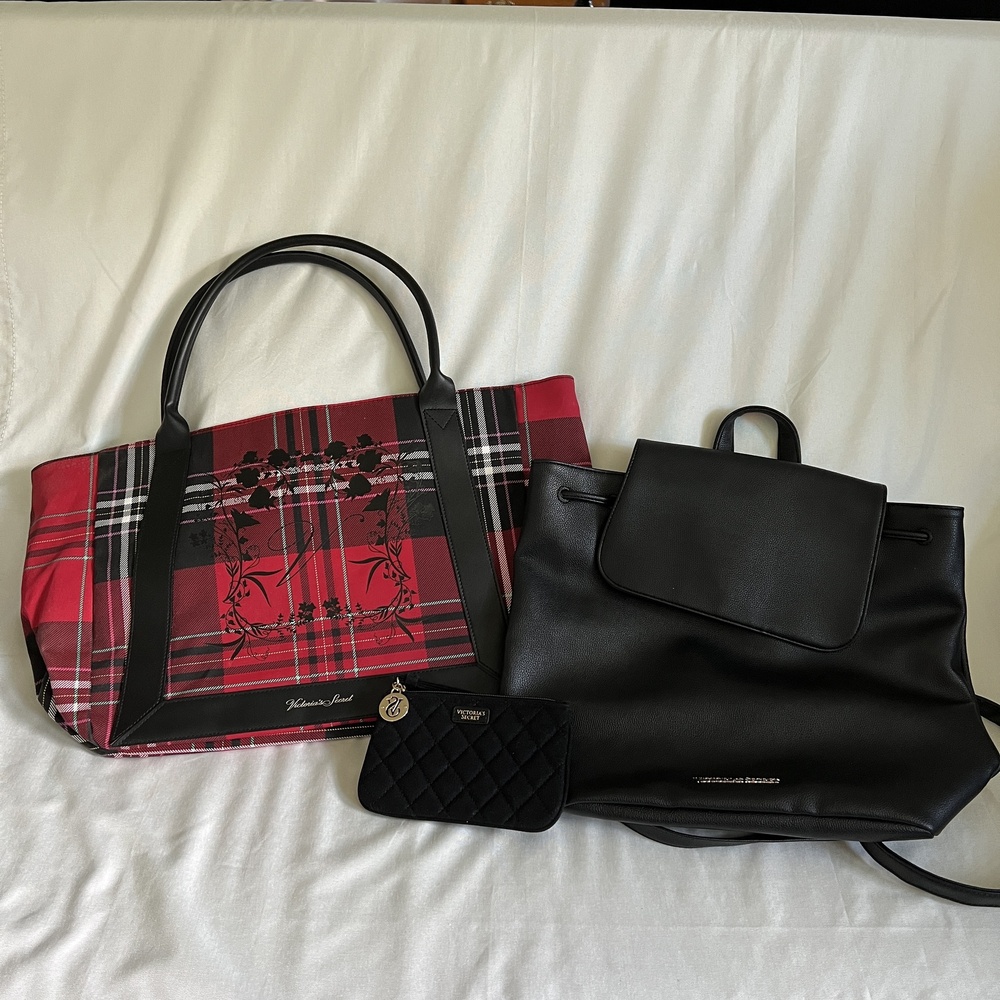 Victoria's Secret 3 Pc Set Red Plaid Tote Backpack Wallet VS Charm Chic Trendy